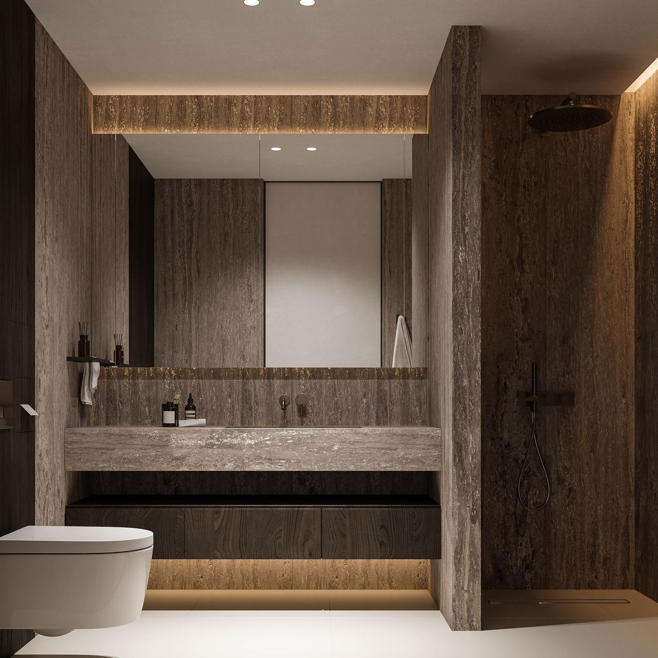 Concept pentru baie: vas WC suspendat, lavoar suspendat cu aspect de lemn închis și blat cu aspect de travertin, dulap cu oglindă iluminat și duș walk-in.