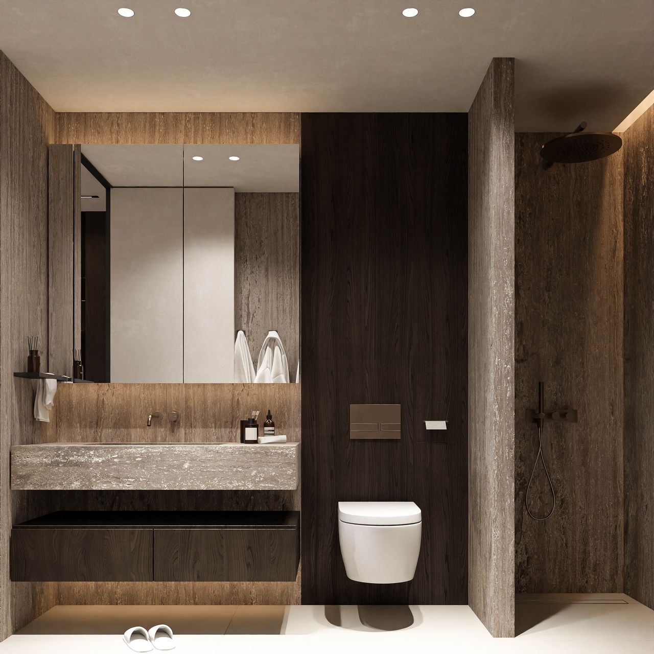 Concept pentru prima baie: lavoar cu blat cu aspect de travertin pe un corp cu aspect de lemn închis, dulap cu oglindă, vas WC suspendat și duș walk-in în spatele unui perete cu aspect de piatră.
