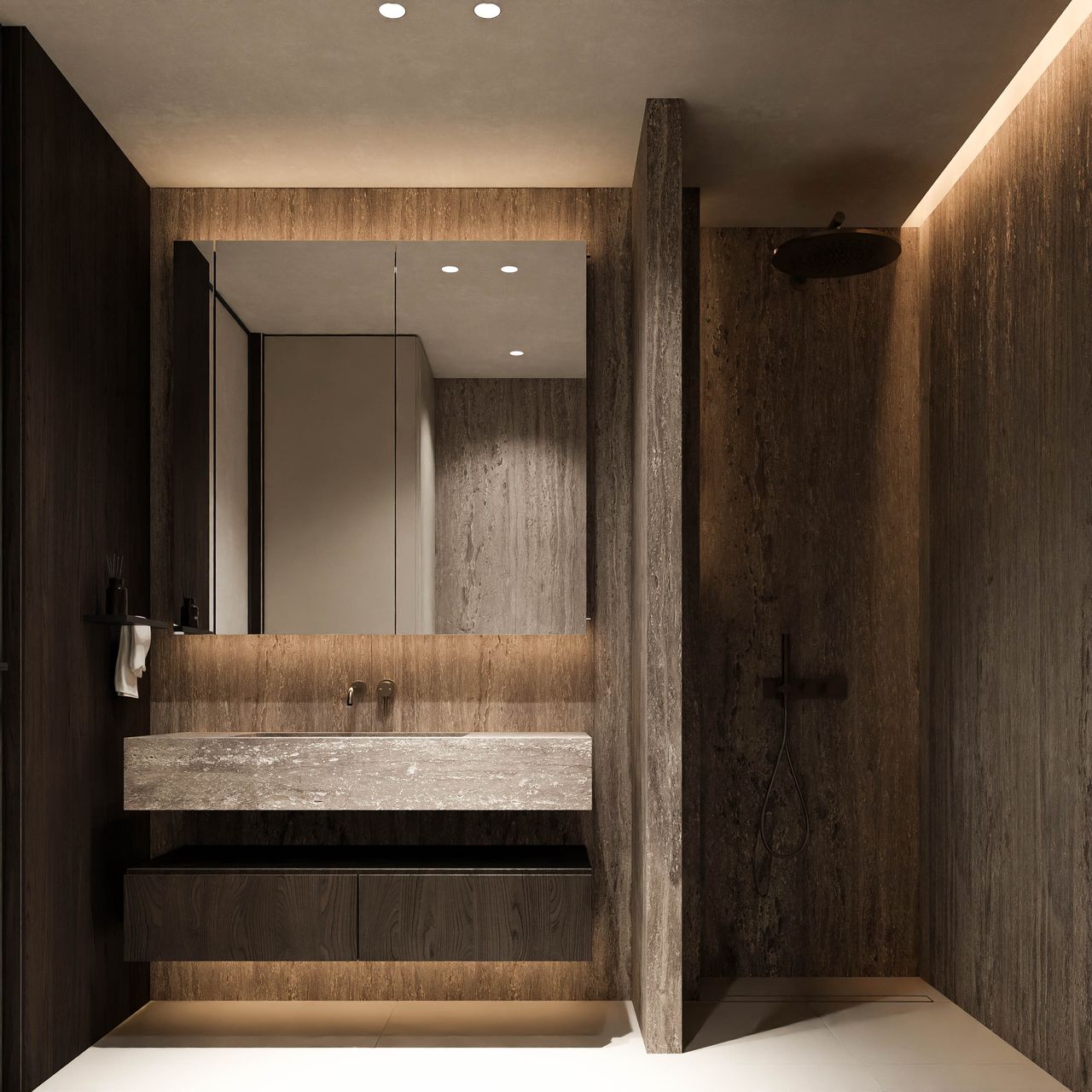 Concept pentru a doua baie: lavoar cu blat cu aspect de travertin, dulap cu oglindă, duș walk-in cu cap de duș fix și pereți cu aspect de piatră.