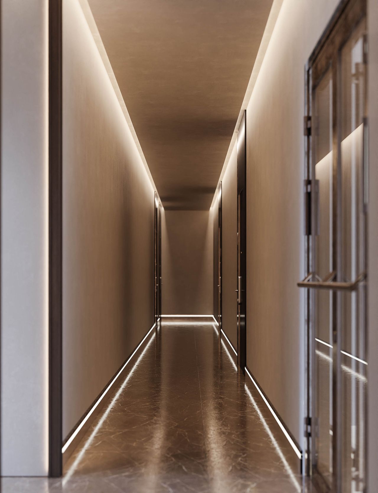 Concept pentru un coridor cu lumină ascunsă în tavan și linii de lumină la pardoseală.