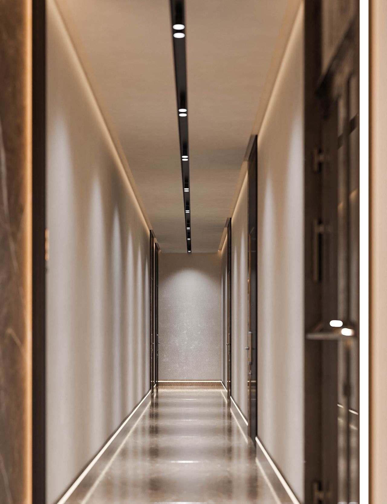 Concept pentru un coridor: pereți cu aspect de tencuială, șină de spoturi neagră, linii de lumină la pardoseală și uși negre de apartament.