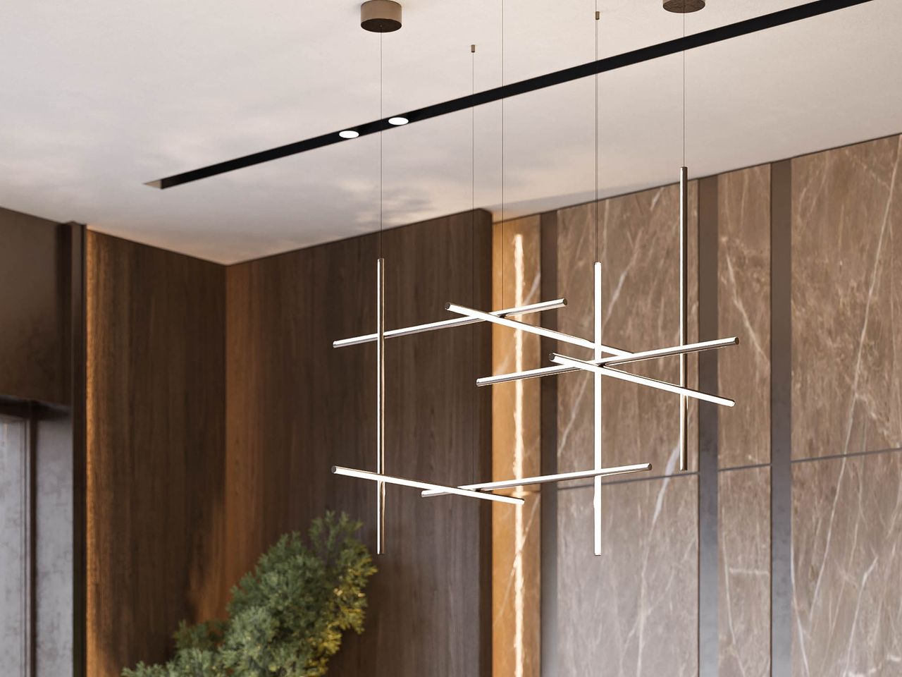 Concept pentru lobby: lustră din bare luminoase, panouri cu aspect de piatră cu vinișoare și de lemn închis, cu benzi de lumină.