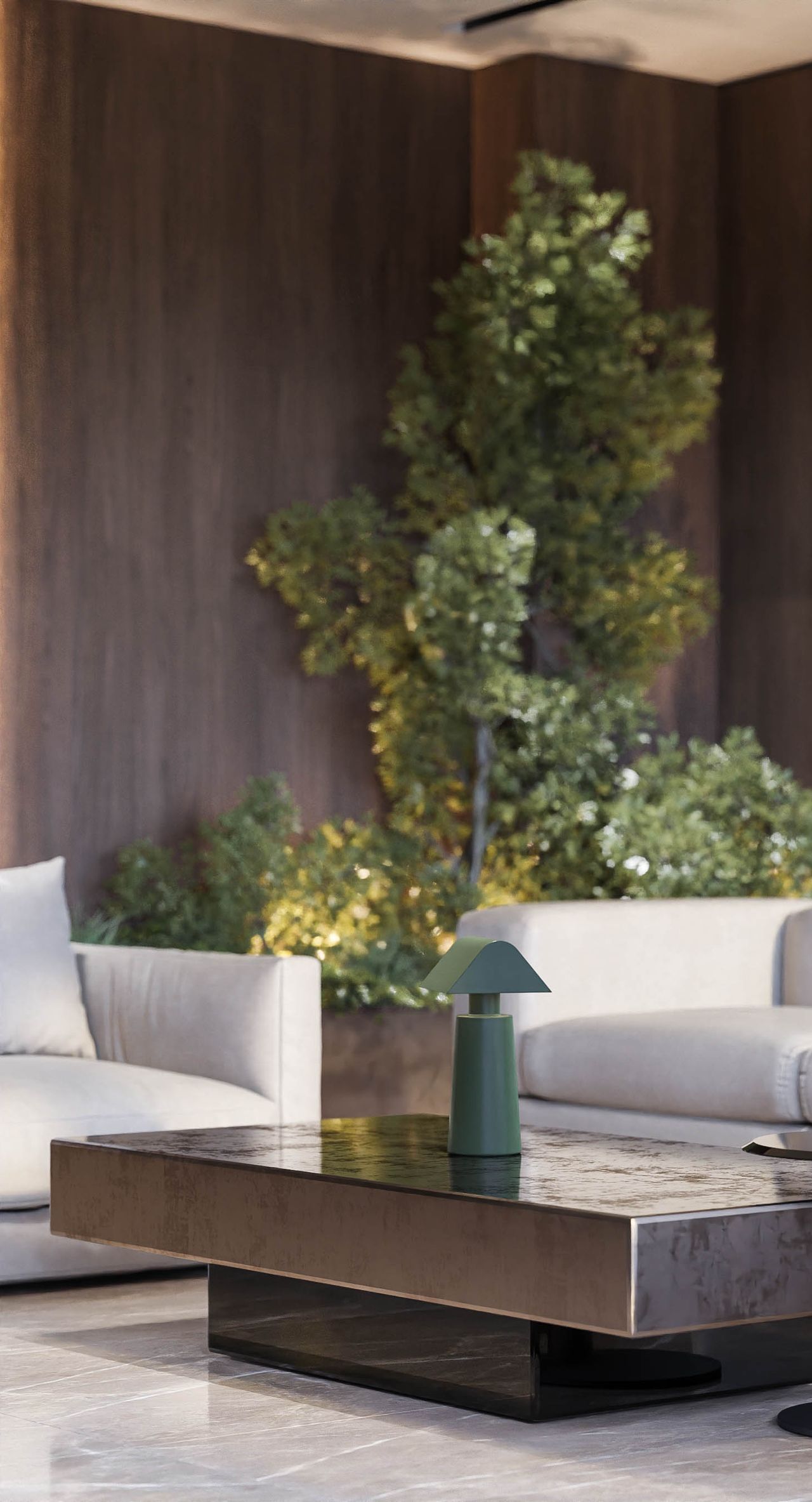 Concept pentru zona de așteptare din lobby: canapea și fotolii alb-crem, măsuță cu aspect de piatră închisă cu o lampă verde și un arbust în jardinieră.