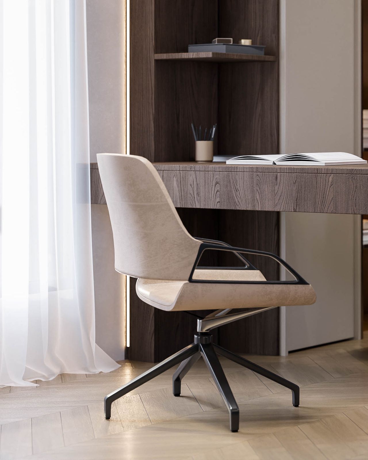 Concept pentru zona de consultanță: birou cu aspect de lemn închis, scaun tapițat bej și rafturi iluminate.