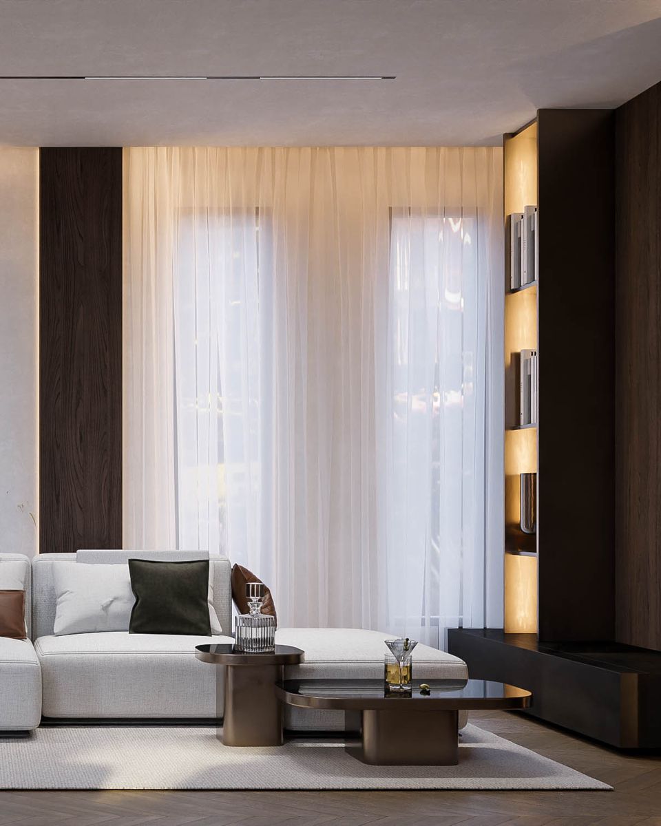 Concept pentru zona lounge: canapea alb-crem cu perne oliv și coniac, măsuțe de culoarea bronzului și perdele.