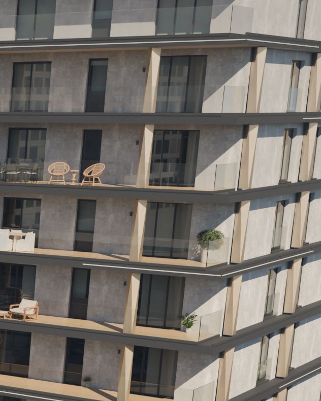 Detaliu al colțului clădirii B2: coloane fațetate în nuanță șampanie, canturi de placă antracit și balustrade din sticlă fără ramă.
