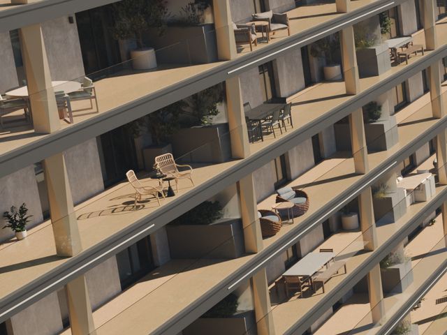 Balcoane mobilate ale clădirii B2, cu scaune împletite, jardiniere și pardoseli de culoare deschisă.